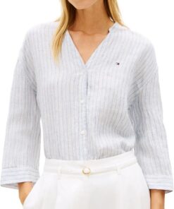 Tommy Hilfiger ESS Linen Collarless Shirt Ww0ww48926 Camisa L/S Mujer (Pack de 1)
