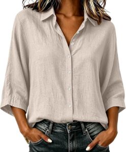 Camisa de algodón y lino con cuello y botones frontales para mujer, blusa de manga fluida de tres cuartos, prenda casual elegante pulida para turnos de oficina, viajes y viajes de negocios