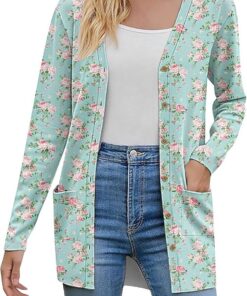 HUIFUAO - Cárdigan de punto para mujer, suéter de punto con botones y frente abierto, cárdigan de manga larga, estampado floral, ropa de abrigo con bolsillo