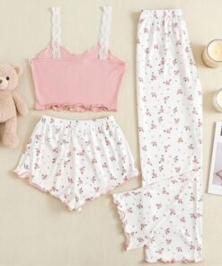 Conjunto de pijama de 3 piezas para mujer, conjunto de pijama de verano acanalado con encaje floral
