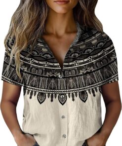 Blusas Mujer Verano Camisa Manga Corta Estampado Camiseta con Botones Cuello en V Elegantes Camisa Suelta con Cuello de Solapa y Bolsillo Casual Blusa Shirts Tunic Tops