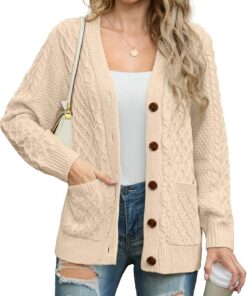 GRECERELLE Suéteres de mujer con cable de aran de punto, manga larga, botones, con bolsillos, de gran tamaño, para otoño, invierno y primavera, beige, M