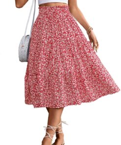 DS626 - Falda midi de cintura alta elástica para mujer, casual, de verano, a la moda, con lazo frontal, con volantes y estampado floral, falda acampanada, Floral rojo, S