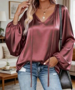 Camisa de manga larga para mujer, talla grande, 1XL-5XL, cuello en V, con cordón, informal, de manga larga