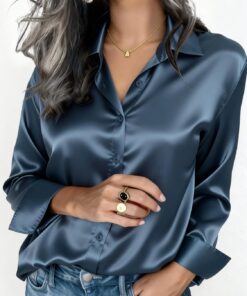 Camisa de satén para mujer, blusa informal con botones y solapa de muesca, elegante blusa de oficina para otoño, invierno y primavera