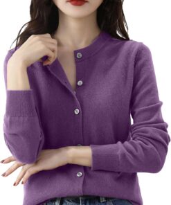 HUIFUAO - Cárdigan de punto para mujer, talla grande, elegante, con botones, cárdigans para otoño, básico, suave, manga larga, ligera, para exteriores, Morado (, M