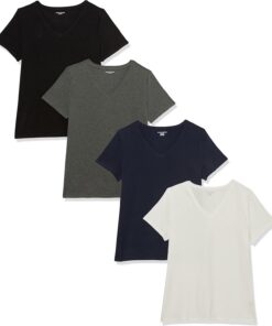 Amazon Essentials Camiseta de Manga Corta con Cuello en Pico y Corte Recto Mujer, Paquetes Múltiples