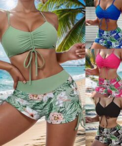 Conjunto de bikini de 2 piezas con cordón de cintura alta, traje de baño con tirantes delgados, camiseta y pantalones cortos con lazo lateral