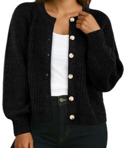 GRECERELLE Cárdigan de punto para mujer, manga larga, cárdigan grueso, elegante, cárdigan informal, cuello redondo, suéter de punto de gran tamaño, suéter informal con botones, otoño, invierno