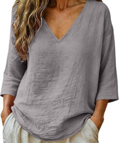 Blusas de lino para mujer, tallas grandes, camisas de gasa de verano, manga 3/4, cuello en V, blusas elegantes, informales, ropa holgada