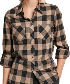 Urban Classics Camisa a Cuadros Mujer Turnup Mujer Camisa de Franela Negro/Rojo Regular