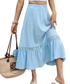 Falda midi elástica de cintura alta escalonada para mujer, ribete de encaje, tela arrugada, falda acampanada, casual, DJ590