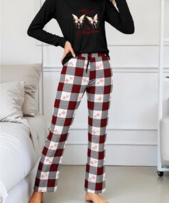 Conjunto de pijama de manga larga para mujer, gráfico casual divertido, camiseta de dormir a cuadros, pantalones cómodos, ropa de descanso suave para relajarse
