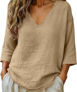Blusas de lino para mujer, tallas grandes, camisas de gasa de verano, manga 3/4, cuello en V, blusas elegantes, informales, ropa holgada