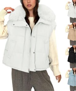 HUIFUAO - Chaqueta acolchada sin mangas para mujer, talla grande, chaleco acolchado de invierno, chaleco con cremallera, cuello en V, cuello de felpa, abrigo térmico, ropa exterior, blanco, M