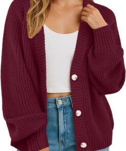 GRECERELLE Cárdigan suave de manga larga para mujer, suéter de punto con cuello en V, suéter de gran tamaño, holgado, grueso, con botones, para mujer, otoño, invierno, primavera