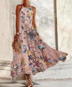 Vestido largo de verano con cuello halter y estampado floral azul para mujer, vestido bohemio sin mangas para vacaciones