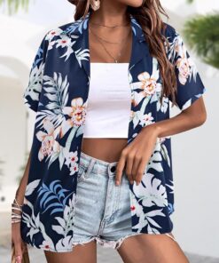 Camisas hawaianas de manga corta para mujer, informales, suaves, frescas, con estampado floral tropical, cuello en V, camiseta de verano con botones