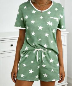 Conjunto de pijama de dos piezas para mujer, camiseta de manga corta y pantalones cortos con cordón, conjunto de ropa de dormir casual