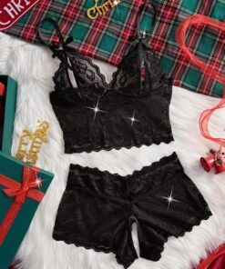 Conjunto de lencería de encaje para mujer, corpiño y pantalones cortos de encaje sexy, ropa de dormir de dos piezas suave y cómoda con decoración de lazo