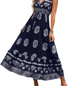 Vestido largo de verano para mujer, estampado floral, cuello en V, sin mangas, bohemio, playa, casual, vestido de viaje, DJ583