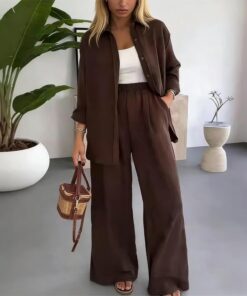 Conjunto de 2 piezas de camisa de manga larga de color sólido para mujer, ajuste relajado, casual, deportivo, conjunto de overol para mujer