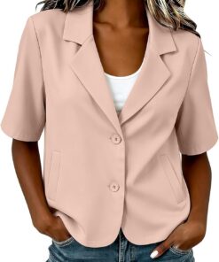 HUIFUAO - Blazers cortos para mujer, de manga corta, con botones, chaquetas de traje, rosa, XL