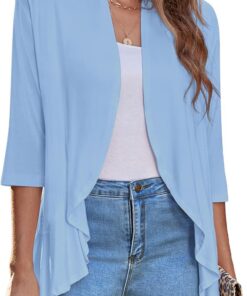 Zeagoo Cárdigan abierto para mujer, manga 3/4, drapeado, con volantes, suéter de punto suave S-3XL