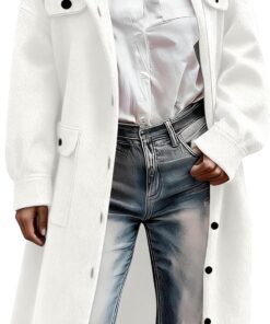 HUIFUAO - Abrigos de lana para mujer, talla grande, chaqueta de tweed de manga larga con botones de solapa, abrigos para otoño e invierno, chaqueta casual cálida con bolsillos, blanco, M