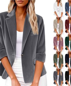HUIFUAO - Blazer de pana para mujer, talla grande, cuello en V, manga 3/4, chaqueta de traje de trabajo de negocios, abrigos elegantes, casual, solapa de 1 botón, ropa exterior abierta, caqui, M
