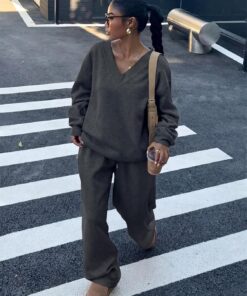 Conjunto de 2 piezas para mujer, sudadera de manga larga, pantalones de pierna ancha con bolsillos, chándal y ropa de descanso