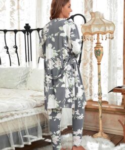 Conjunto de pijama de 3 piezas para mujer, diseño floral, manga larga, cárdigan, bata, camisola, pantalones, ropa de dormir
