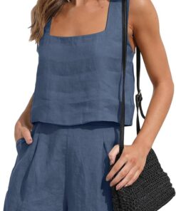 YMING Conjunto De Lino Para Mujeres Camisa Sin Mangas De Verano Blusa Y Pantalones Cortos Dos Conjuntos De Ropa Casual Para Mujeres Juego De Ropa