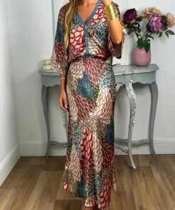 Conjunto de 2 piezas con estampado floral para mujer, blusa de manga murciélago con cuello en V + falda larga de cintura alta, conjunto casual bohemio a juego