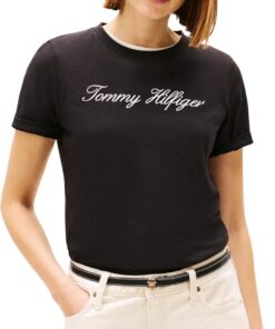 Tommy Hilfiger Camiseta de Manga Corta Mujer Script Regular con Cuello Redondo