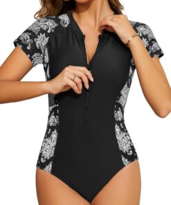 SHEKINI Camiseta de natación de manga corta para mujer, protección UV, cremallera, traje de baño de una pieza UPF 50