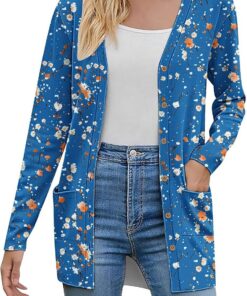 HUIFUAO - Cárdigan de punto para mujer, suéter de punto con botones y frente abierto, cárdigan de manga larga, estampado floral, ropa de abrigo con bolsillo