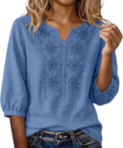 Camisetas de algodón y lino para mujer, camisas de manga 3/4 bordadas, camisetas bohemias de verano 2026, blusas casuales de playa