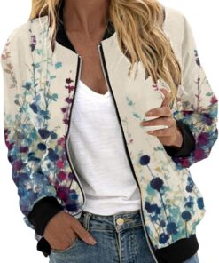 Generisch Chaquetas casuales para mujer, chaqueta informal ligera con cremallera, estampado floral, abrigo, cuello alto, ropa deportiva corta, tops con cremallera