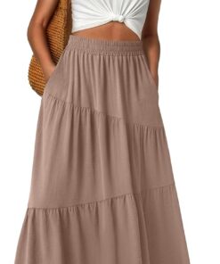 GRECERELLE Faldas largas de verano para mujer, de cintura alta, estilo bohemio, casual, elástica, elegante, acampanada, con bolsillos, para mujer