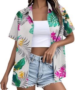 HUIFUAO - Camisas hawaianas para mujer, de verano, manga corta, divertidas, para vacaciones, playa, palmera, tropical, con botones, talla grande, camisa con estampado floral