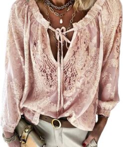 shownicer Mujer Camisas Túnica de Manga Larga Boho Blusa Camiseta de Encaje Suelta Casual Patchwork T-Shirt Tops