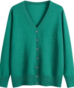 HUIFUAO - Cárdigans para mujer, talla grande, cuello en V, punto con botones, suéteres ligeros de manga larga para otoño e invierno, verde, M