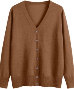 HUIFUAO - Cárdigans para mujer, talla grande, cuello en V, punto con botones, suéteres ligeros de manga larga para otoño e invierno, café, M