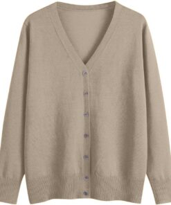 HUIFUAO - Cárdigans para mujer, talla grande, cuello en V, punto con botones, suéteres ligeros de manga larga para otoño e invierno, beige, XX-Large