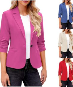 HUIFUAO - Blazers de manga 3/4 para mujer, talla grande, cuello en V, traje de trabajo, chaquetas de otoño, abrigos ligeros con solapa de 1 botón, azul, S