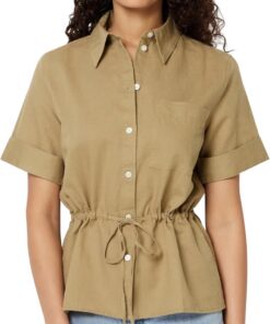 Amazon Essentials Camisa de Manga Ancha con Mezcla de Lino de Corte Holgado con Cintura Ajustable Mujer