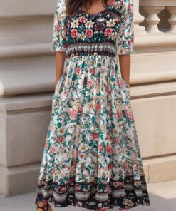 Vestido de verano bohemio para mujer, vestido midi con estampado floral, acampanado, casual, manga corta, vestido de playa con bolsillos
