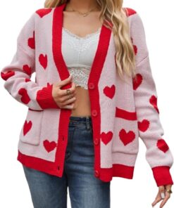 Sexy Outfit Cárdigans de Punto para el día de San Valentín para Mujer, Lindo Estampado de corazón, Manga Larga con Botones, suéteres cálidos, Ropa estética