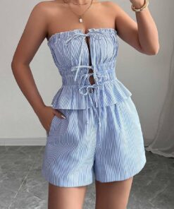 Conjunto de 2 piezas a rayas para mujer, sin tirantes, parte superior de tubo con cordones y pantalones cortos de cintura alta, traje de verano